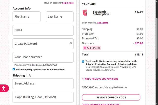 BumpBoxes checkout page showing BumpBoxes promo code box | Screenshot taken by SimplyCodes community member on Sep 5, 2025
