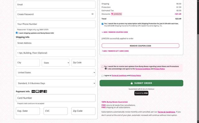 BumpBoxes checkout page showing BumpBoxes promo code box | Screenshot taken by SimplyCodes community member on Aug 23, 2025