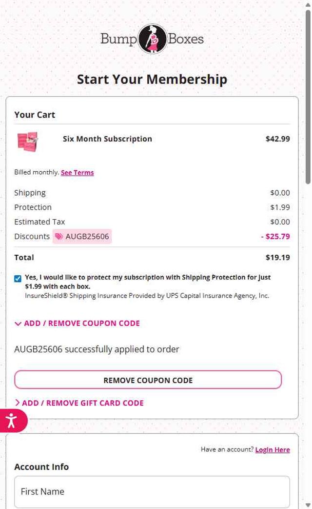 BumpBoxes checkout page showing BumpBoxes promo code box | Screenshot taken by SimplyCodes community member on Aug 7, 2025