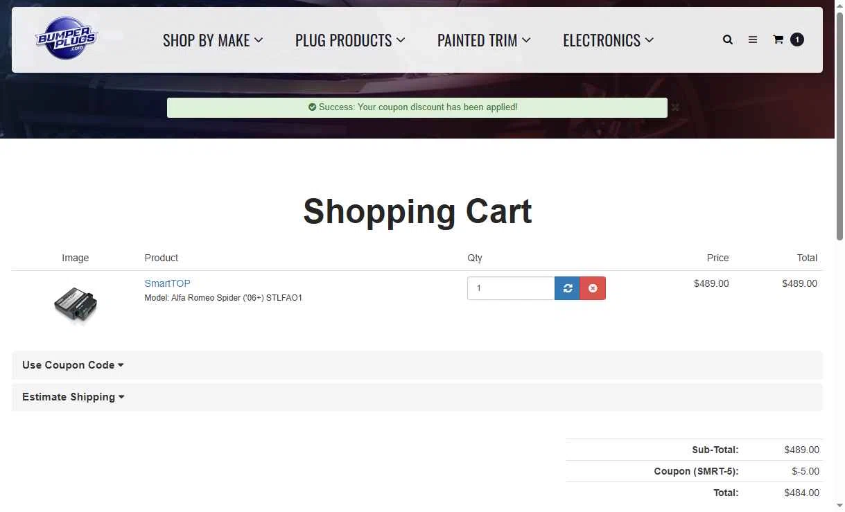 BumperPlugs.com checkout page showing BumperPlugs.com coupon code box | Screenshot taken by SimplyCodes community member on Jan 26, 2026