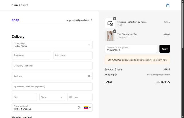 Bumpsuit checkout page showing Bumpsuit discount code box | Screenshot taken by SimplyCodes community member on Aug 29, 2025
