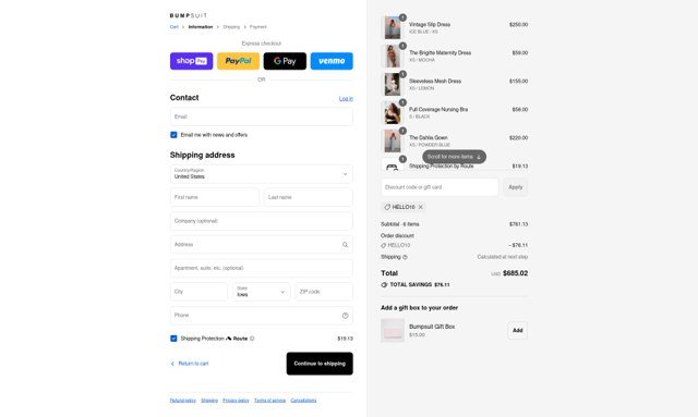 Bumpsuit checkout page showing Bumpsuit discount code box | Screenshot taken by SimplyCodes community member on Aug 26, 2025