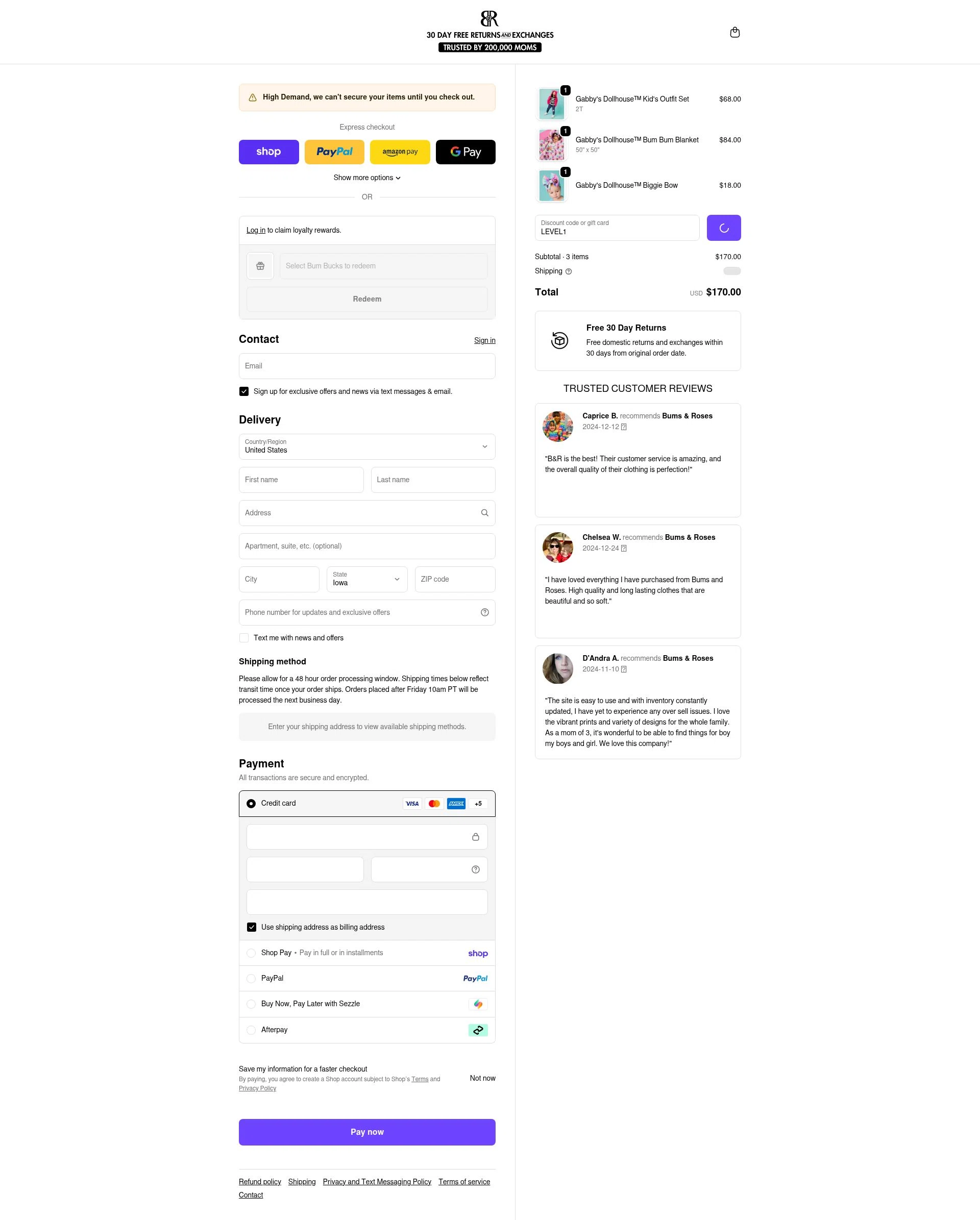 Bums & Roses checkout page showing Bums & Roses discount code box | Screenshot taken by SimplyCodes community member on Feb 14, 2026