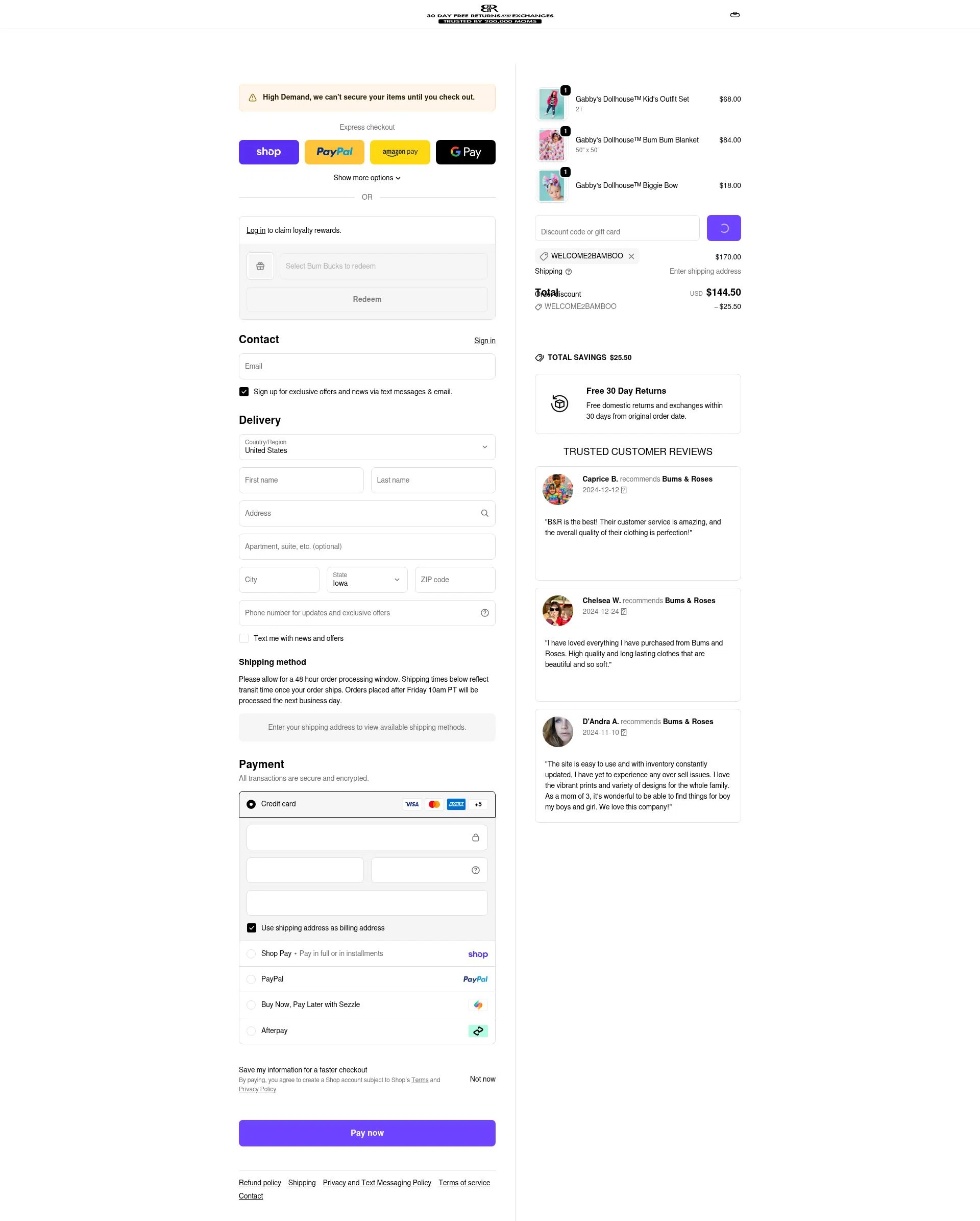 Bums & Roses checkout page showing Bums & Roses discount code box | Screenshot taken by SimplyCodes community member on Feb 14, 2026
