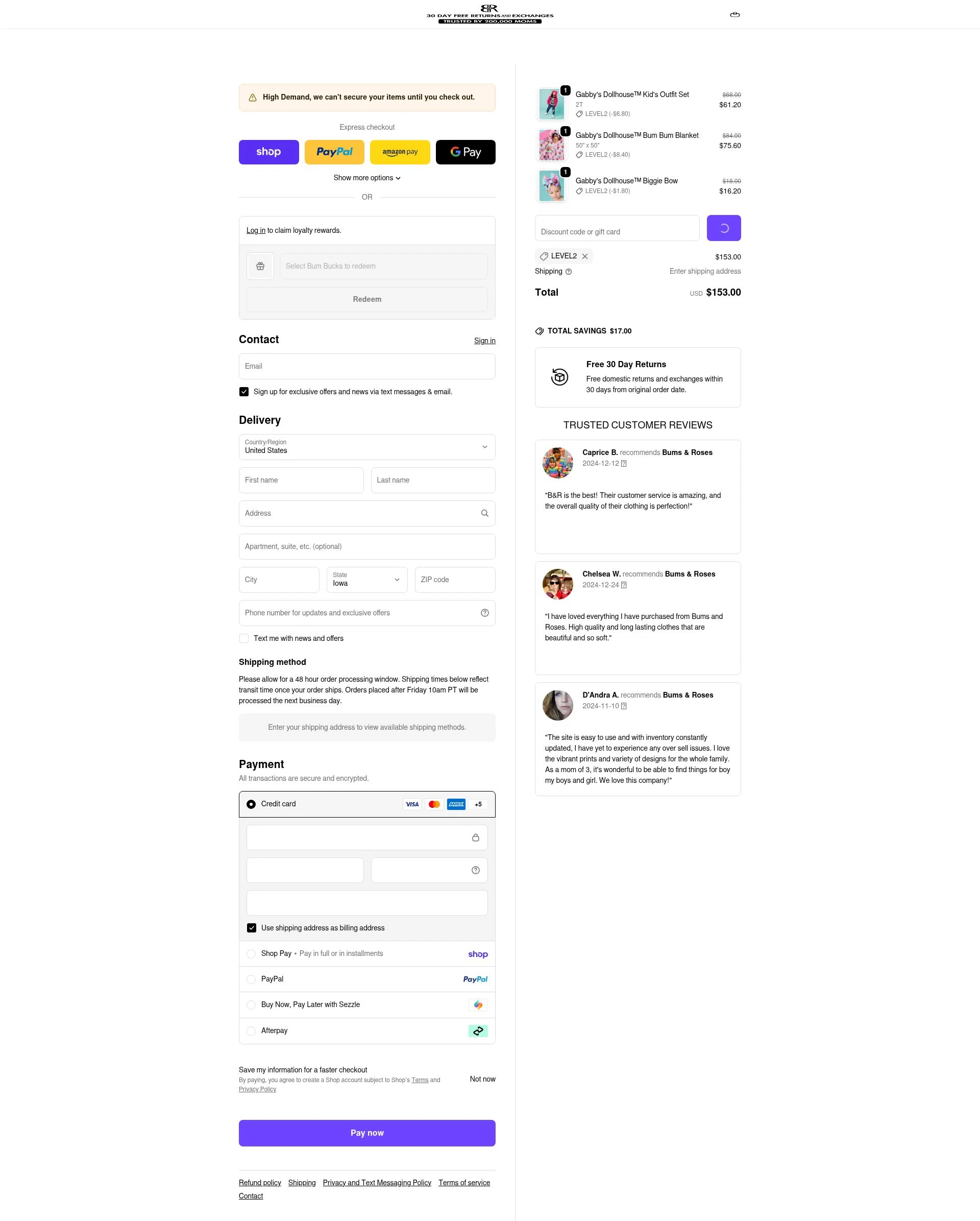 Bums & Roses checkout page showing Bums & Roses discount code box | Screenshot taken by SimplyCodes community member on Feb 14, 2026