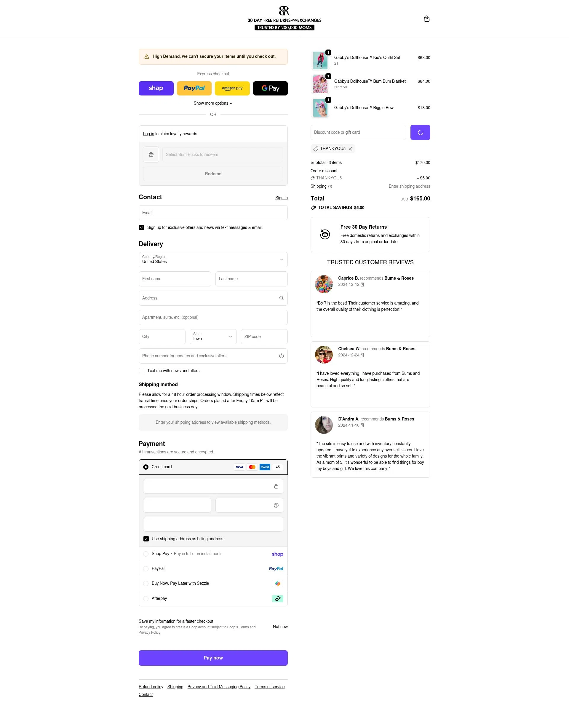 Bums & Roses checkout page showing Bums & Roses discount code box | Screenshot taken by SimplyCodes community member on Feb 14, 2026