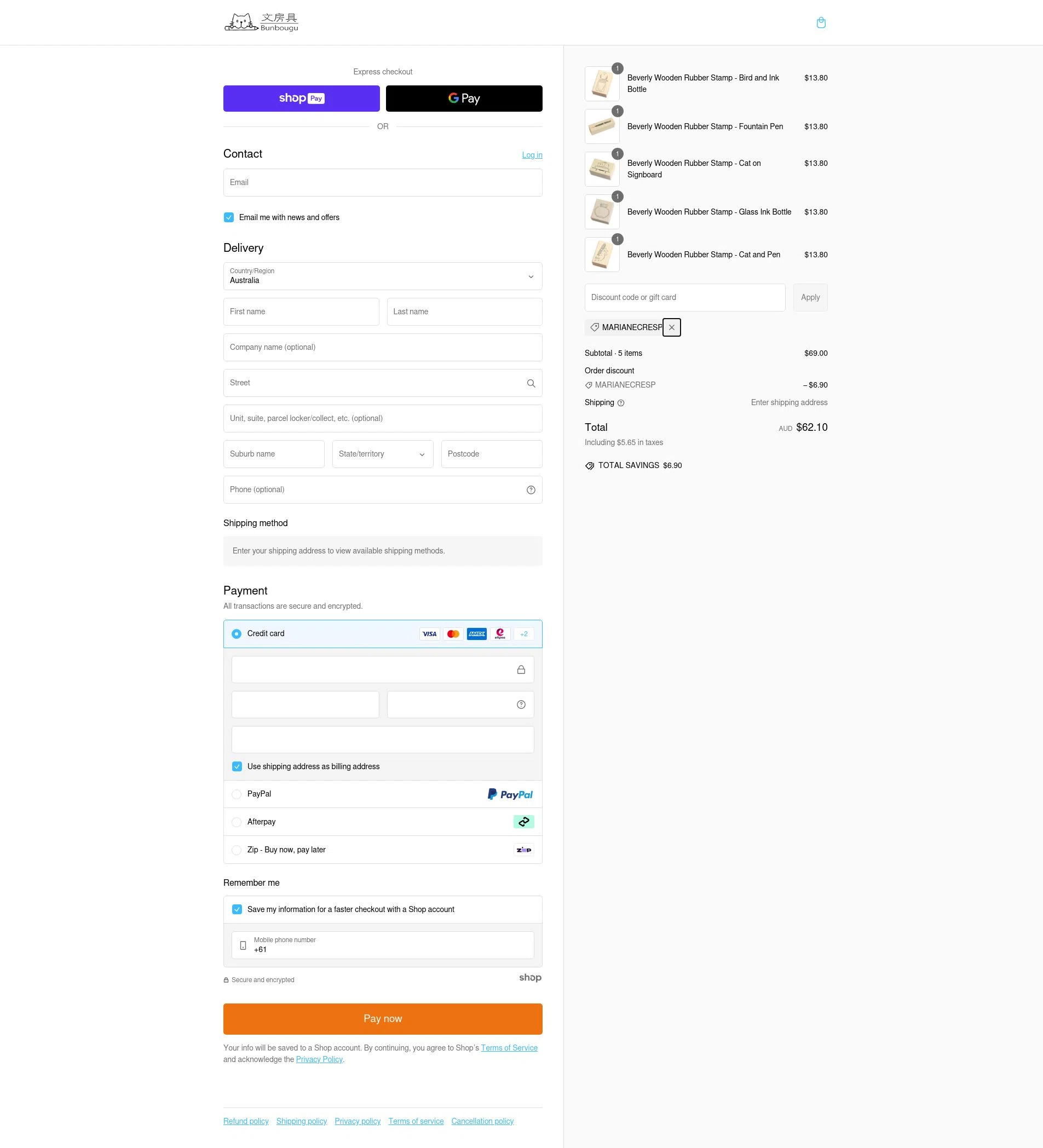 Bunbougu checkout page showing Bunbougu discount code box | Screenshot taken by SimplyCodes community member on Feb 2, 2025