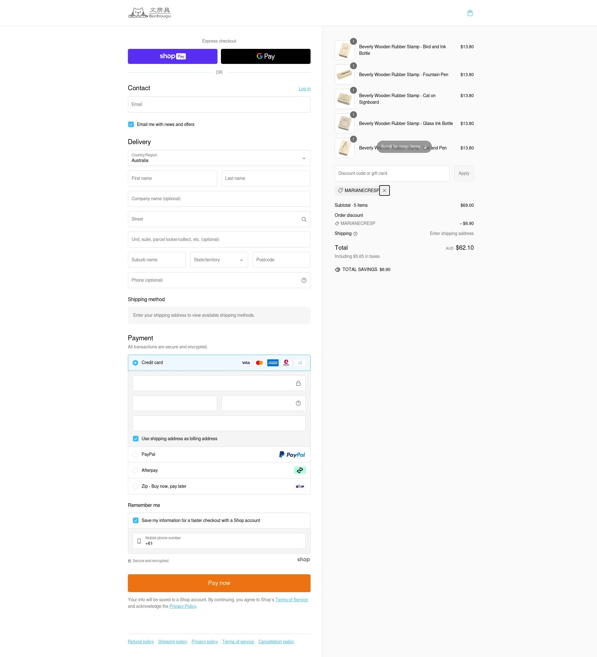 Bunbougu checkout page showing Bunbougu discount code box | Screenshot taken by SimplyCodes community member on Feb 6, 2025