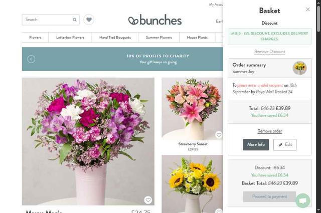 Bunches checkout page showing Bunches promo code box | Screenshot taken by SimplyCodes community member on Sep 8, 2025
