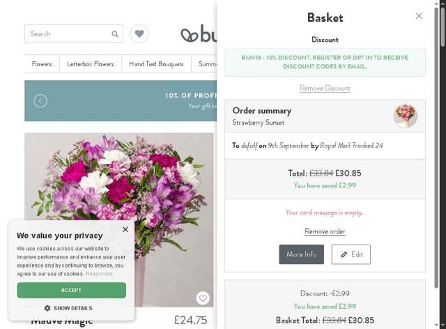 Bunches checkout page showing Bunches promo code box | Screenshot taken by SimplyCodes community member on Sep 8, 2025