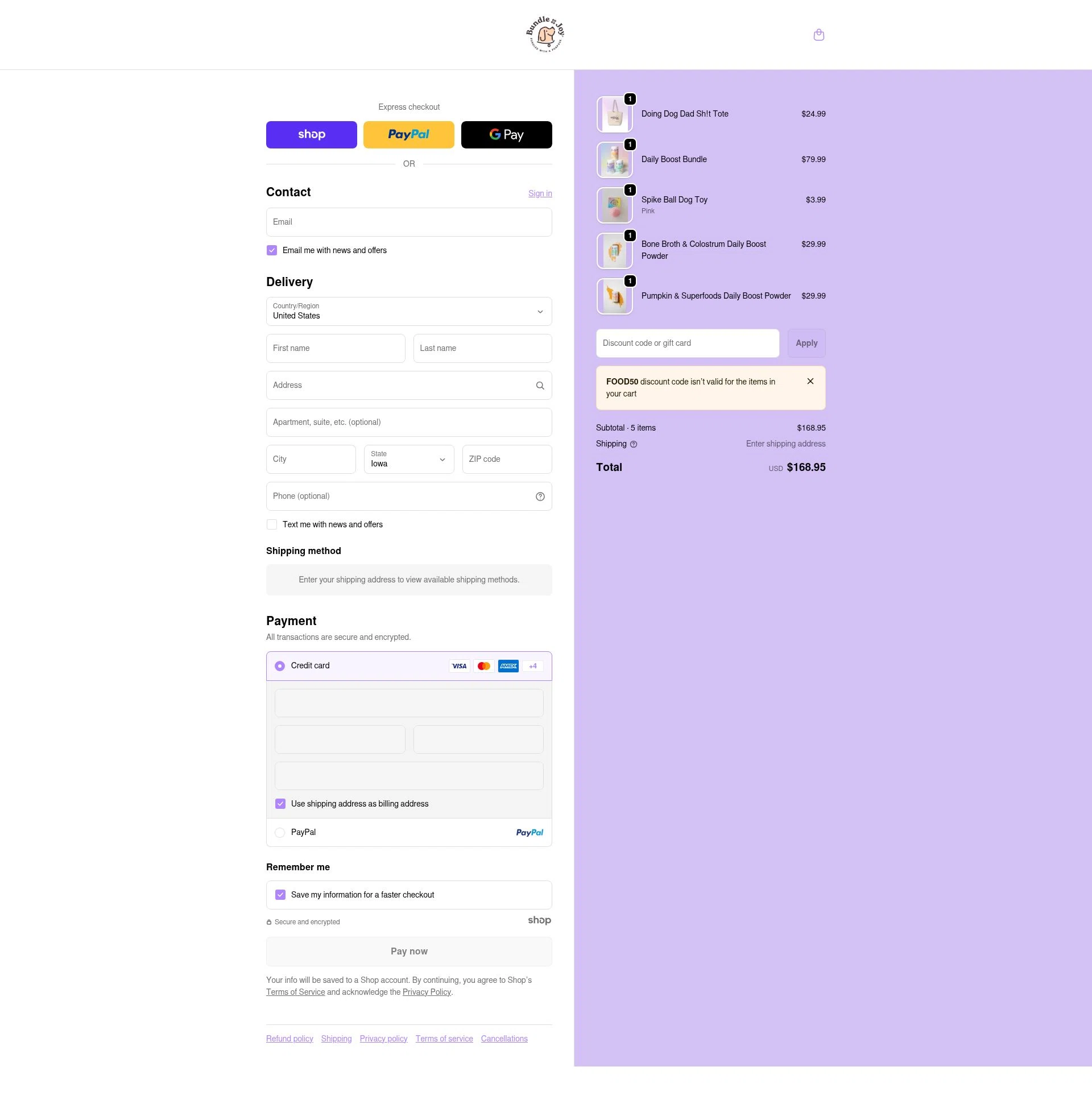 Bundle x Joy checkout page showing Bundle x Joy promo code box | Screenshot taken by SimplyCodes community member on Jan 7, 2026