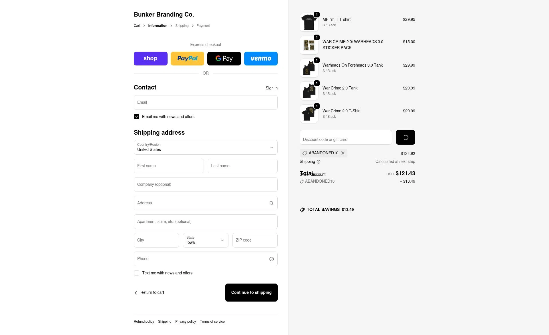 Bunker Branding checkout page showing Bunker Branding discount code box | Screenshot taken by SimplyCodes community member on Feb 9, 2026