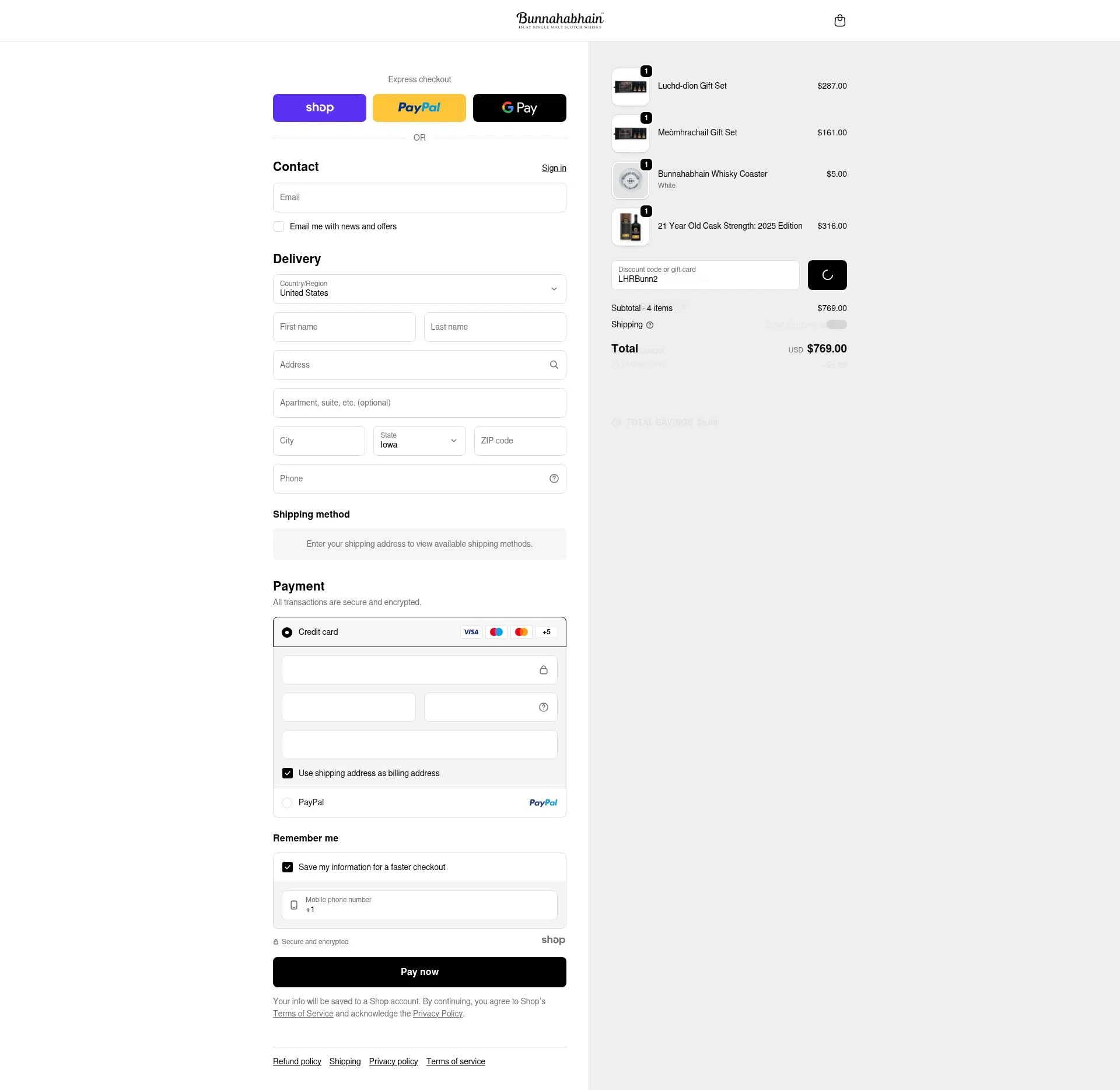 Bunnahabhain checkout page showing Bunnahabhain promo code box | Screenshot taken by SimplyCodes community member on Jan 2, 2026