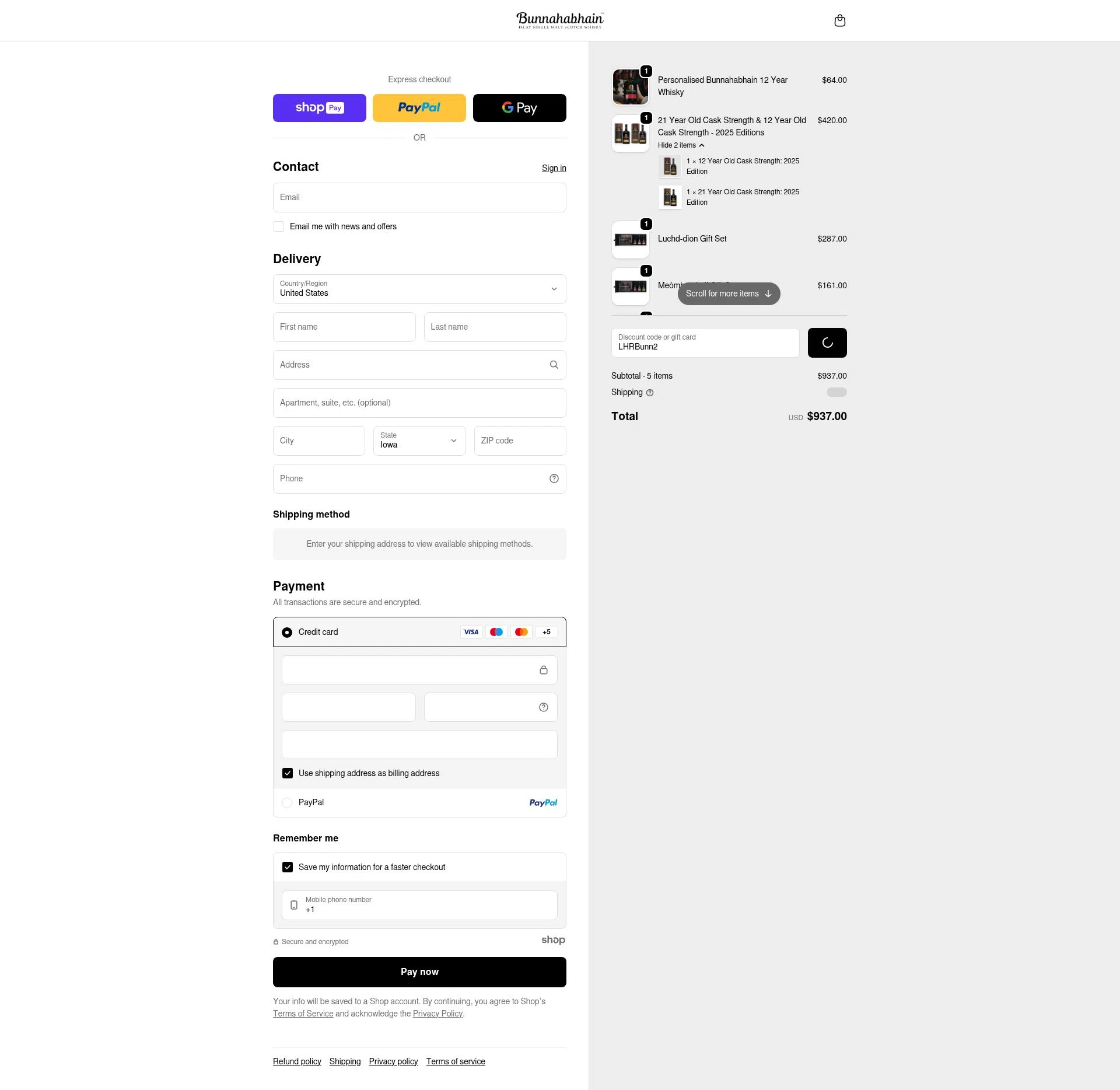 Bunnahabhain checkout page showing Bunnahabhain promo code box | Screenshot taken by SimplyCodes community member on Jan 7, 2026