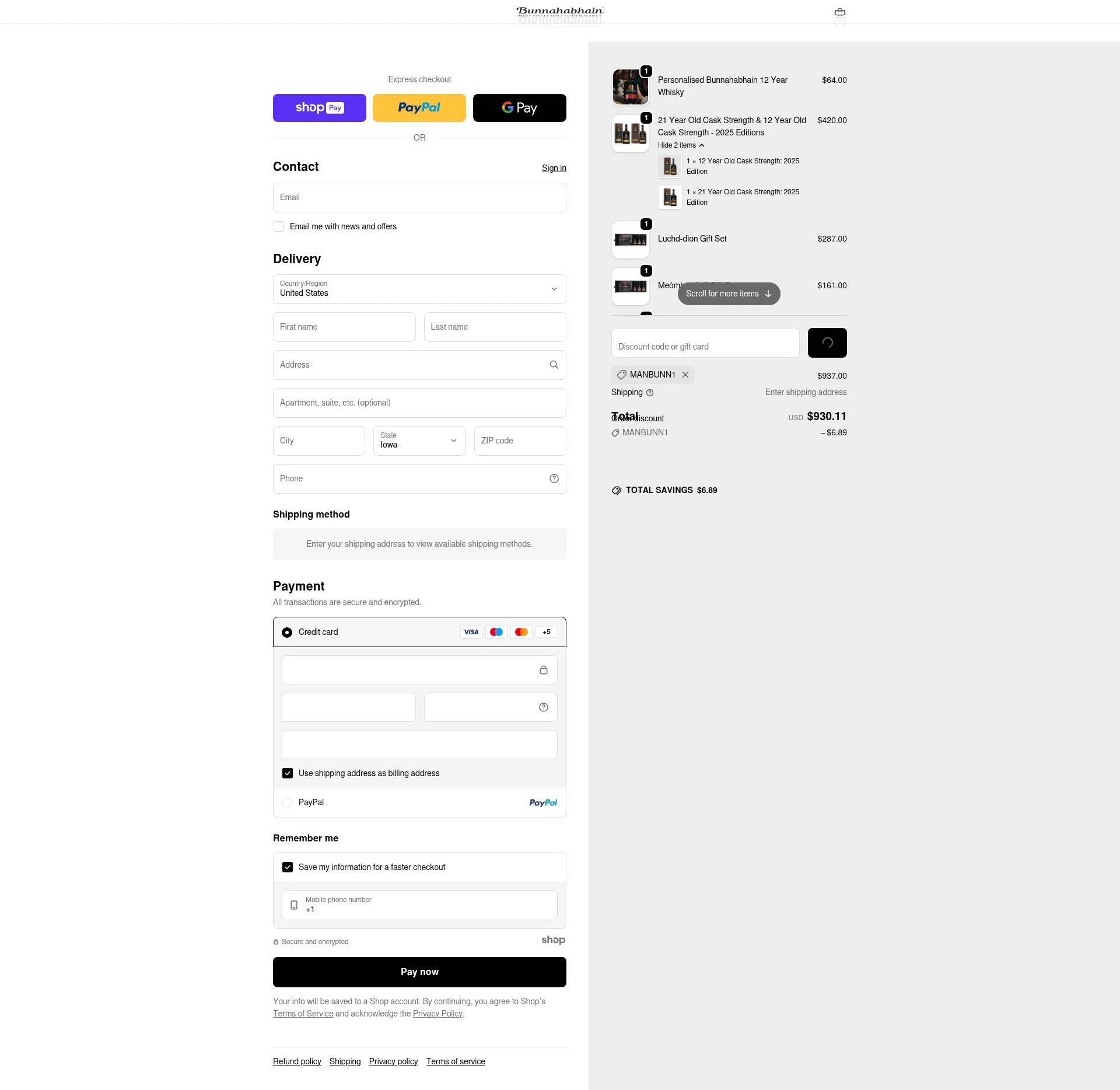 Bunnahabhain checkout page showing Bunnahabhain promo code box | Screenshot taken by SimplyCodes community member on Jan 7, 2026