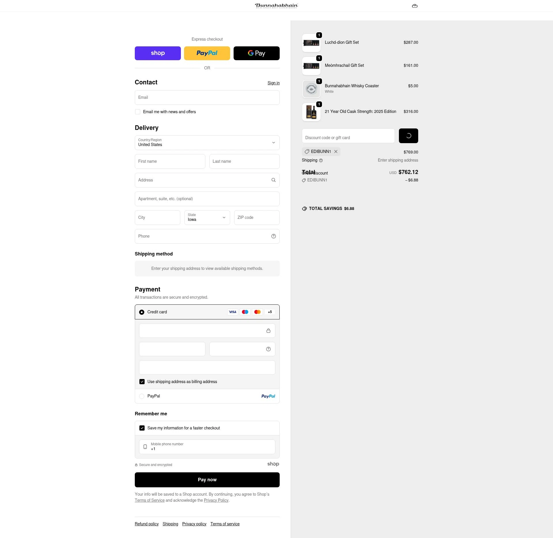 Bunnahabhain checkout page showing Bunnahabhain promo code box | Screenshot taken by SimplyCodes community member on Dec 28, 2025
