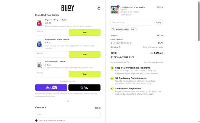 Buoy checkout page showing Buoy promo code box | Screenshot taken by SimplyCodes community member on Jul 15, 2025