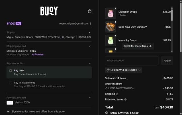 Buoy checkout page showing Buoy promo code box | Screenshot taken by SimplyCodes community member on Aug 27, 2025