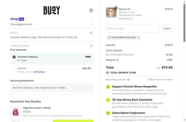 Buoy checkout page showing Buoy promo code box | Screenshot taken by SimplyCodes community member on Jul 15, 2025
