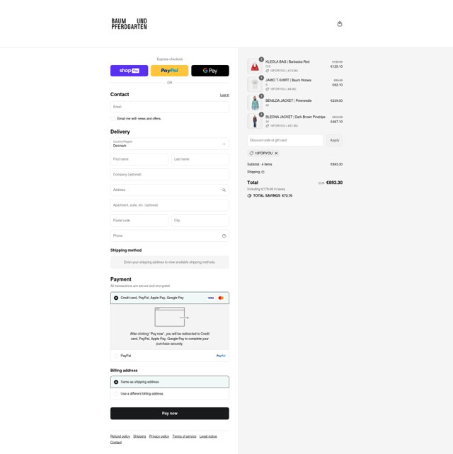 Baum und Pferdgarten checkout page showing Baum und Pferdgarten promo code box | Screenshot taken by SimplyCodes community member on Aug 21, 2025