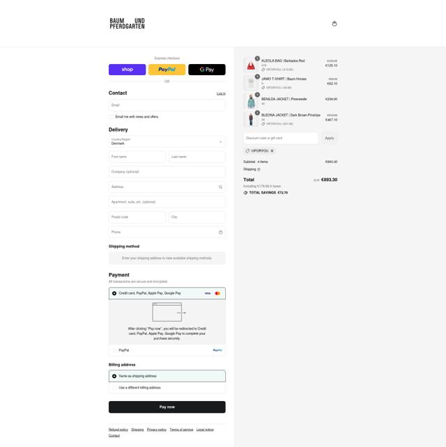 Baum und Pferdgarten checkout page showing Baum und Pferdgarten promo code box | Screenshot taken by SimplyCodes community member on Aug 29, 2025