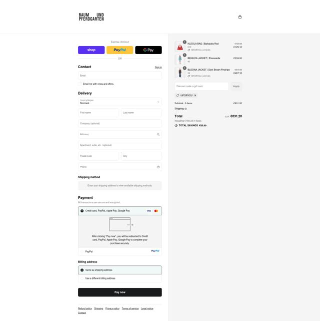 Baum und Pferdgarten checkout page showing Baum und Pferdgarten promo code box | Screenshot taken by SimplyCodes community member on Sep 11, 2025