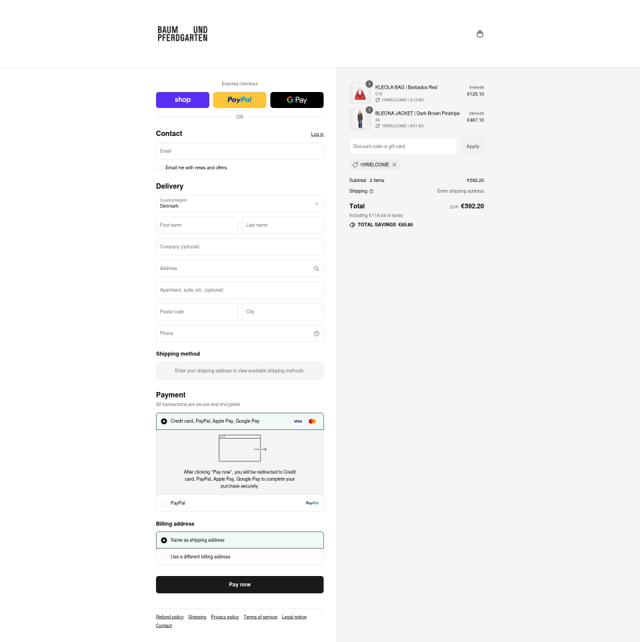 Baum und Pferdgarten checkout page showing Baum und Pferdgarten promo code box | Screenshot taken by SimplyCodes community member on Sep 3, 2025