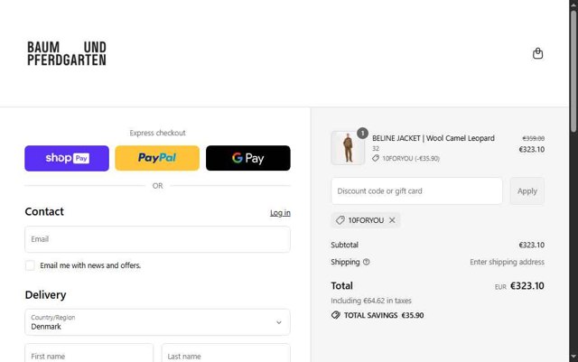 Baum und Pferdgarten checkout page showing Baum und Pferdgarten promo code box | Screenshot taken by SimplyCodes community member on Aug 19, 2025