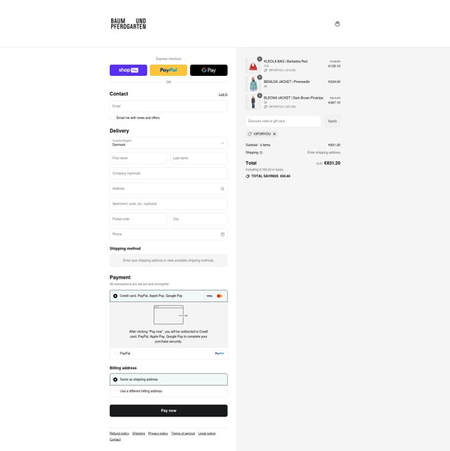 Baum und Pferdgarten checkout page showing Baum und Pferdgarten promo code box | Screenshot taken by SimplyCodes community member on Aug 25, 2025