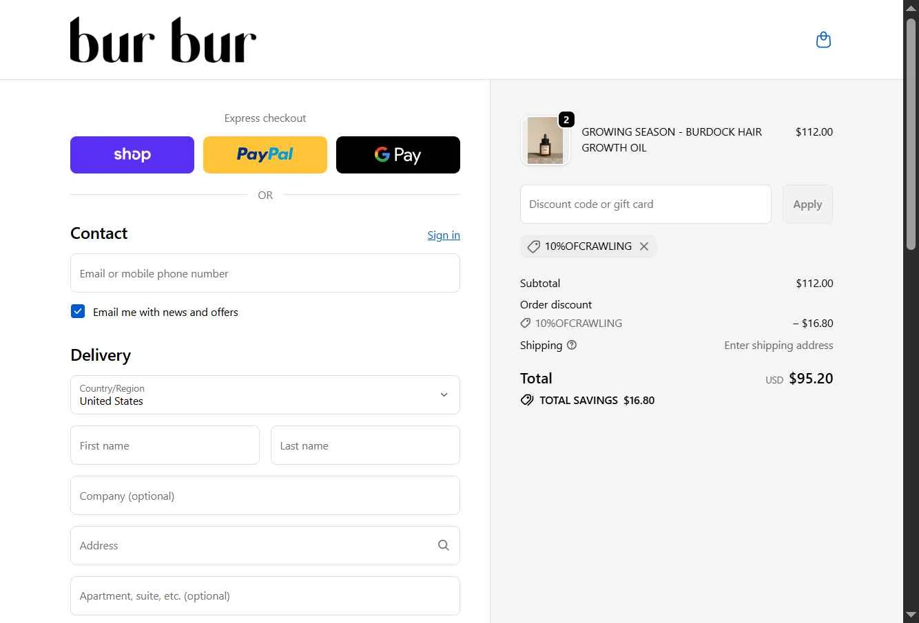 Bur Bur Botanical Hair Oil checkout page showing Bur Bur Botanical Hair Oil promo code box | Screenshot taken by SimplyCodes community member on Feb 18, 2026