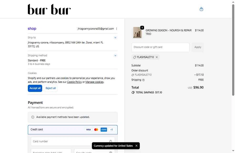 Bur Bur Botanical Hair Oil checkout page showing Bur Bur Botanical Hair Oil promo code box | Screenshot taken by SimplyCodes community member on Feb 20, 2026