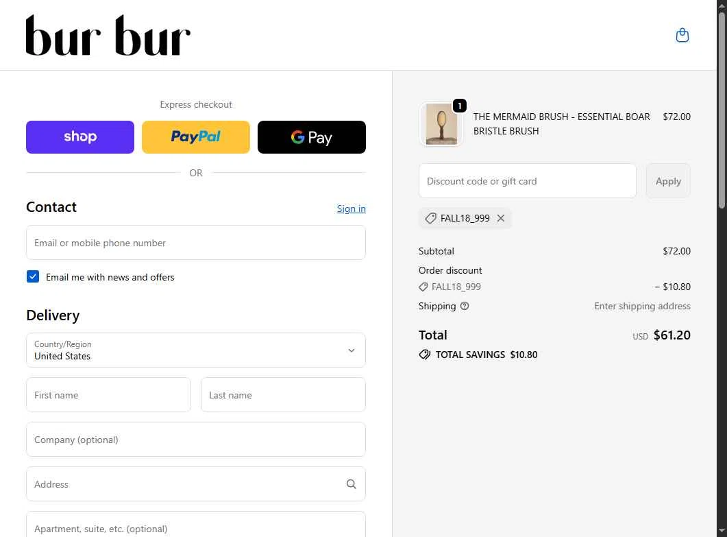 Bur Bur Botanical Hair Oil checkout page showing Bur Bur Botanical Hair Oil promo code box | Screenshot taken by SimplyCodes community member on Feb 18, 2026