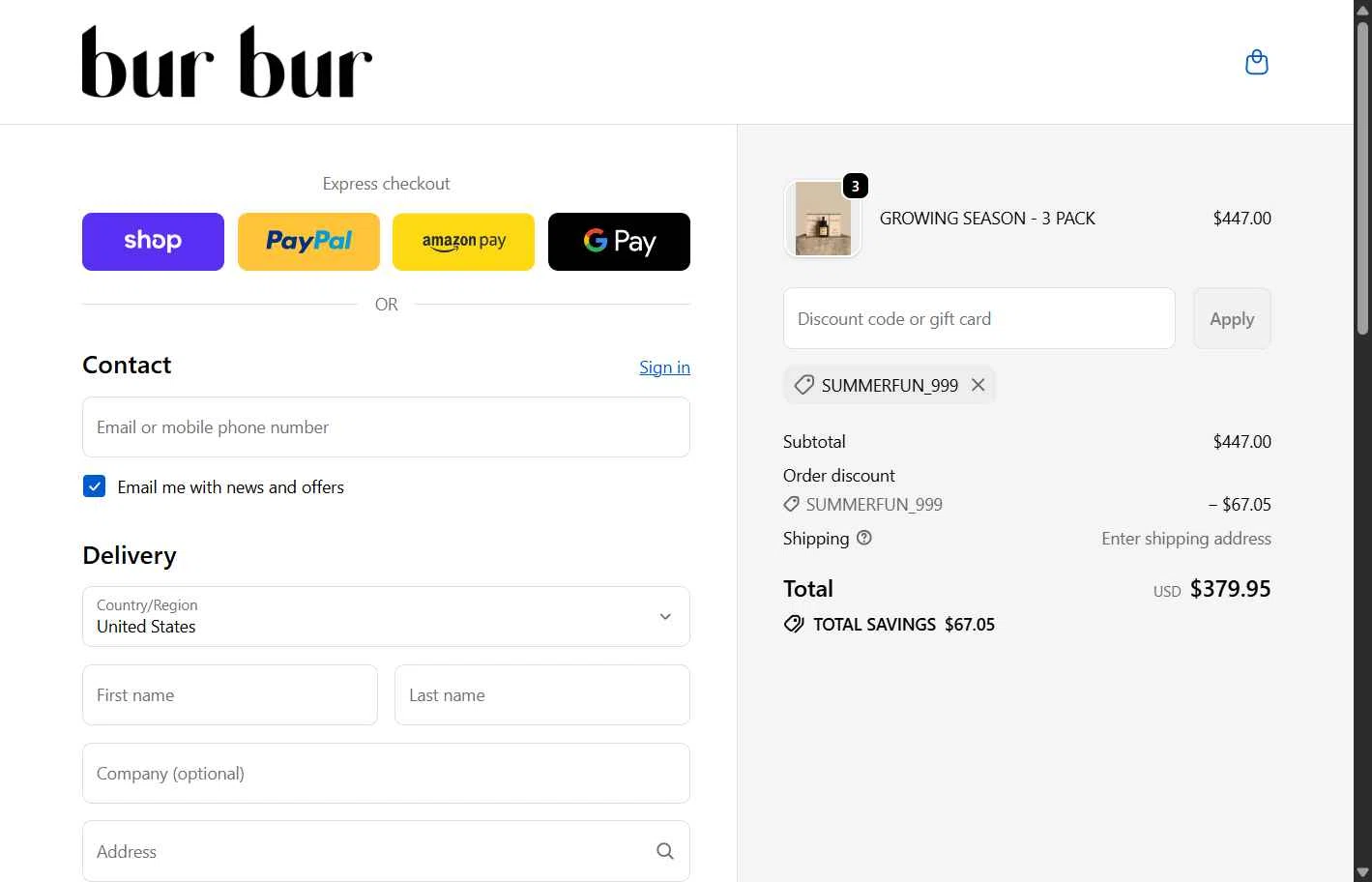 Bur Bur Botanical Hair Oil checkout page showing Bur Bur Botanical Hair Oil promo code box | Screenshot taken by SimplyCodes community member on Feb 18, 2026