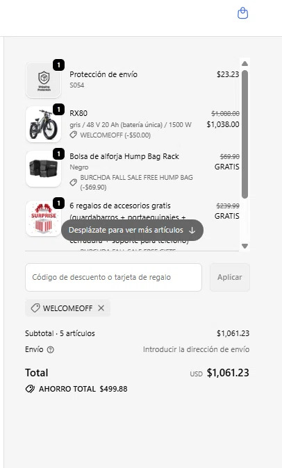 Burchda Bikes promo code screenshot showing code WELCOMEOFF applied at Burchda Bikes checkout page. Uploaded by SimplyCodes community member DealSaver9839 on Nov 30, 2025