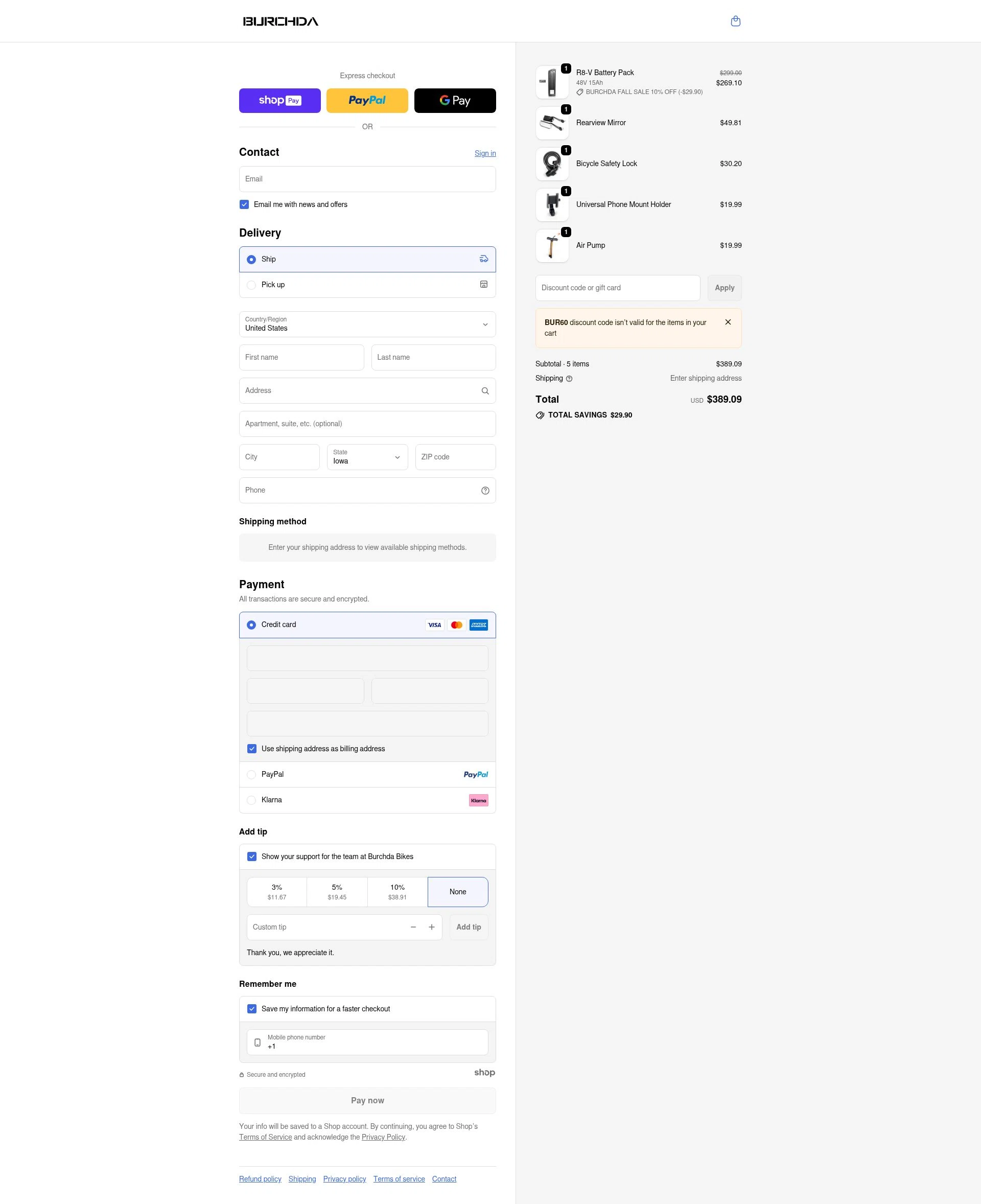 Burchda Bikes checkout page showing Burchda Bikes promo code box | Screenshot taken by SimplyCodes community member on Jan 7, 2026