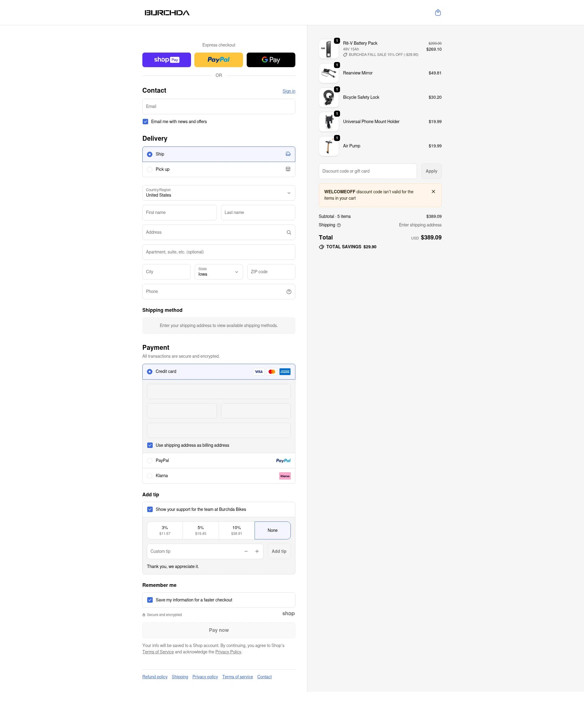 Burchda Bikes checkout page showing Burchda Bikes promo code box | Screenshot taken by SimplyCodes community member on Jan 7, 2026