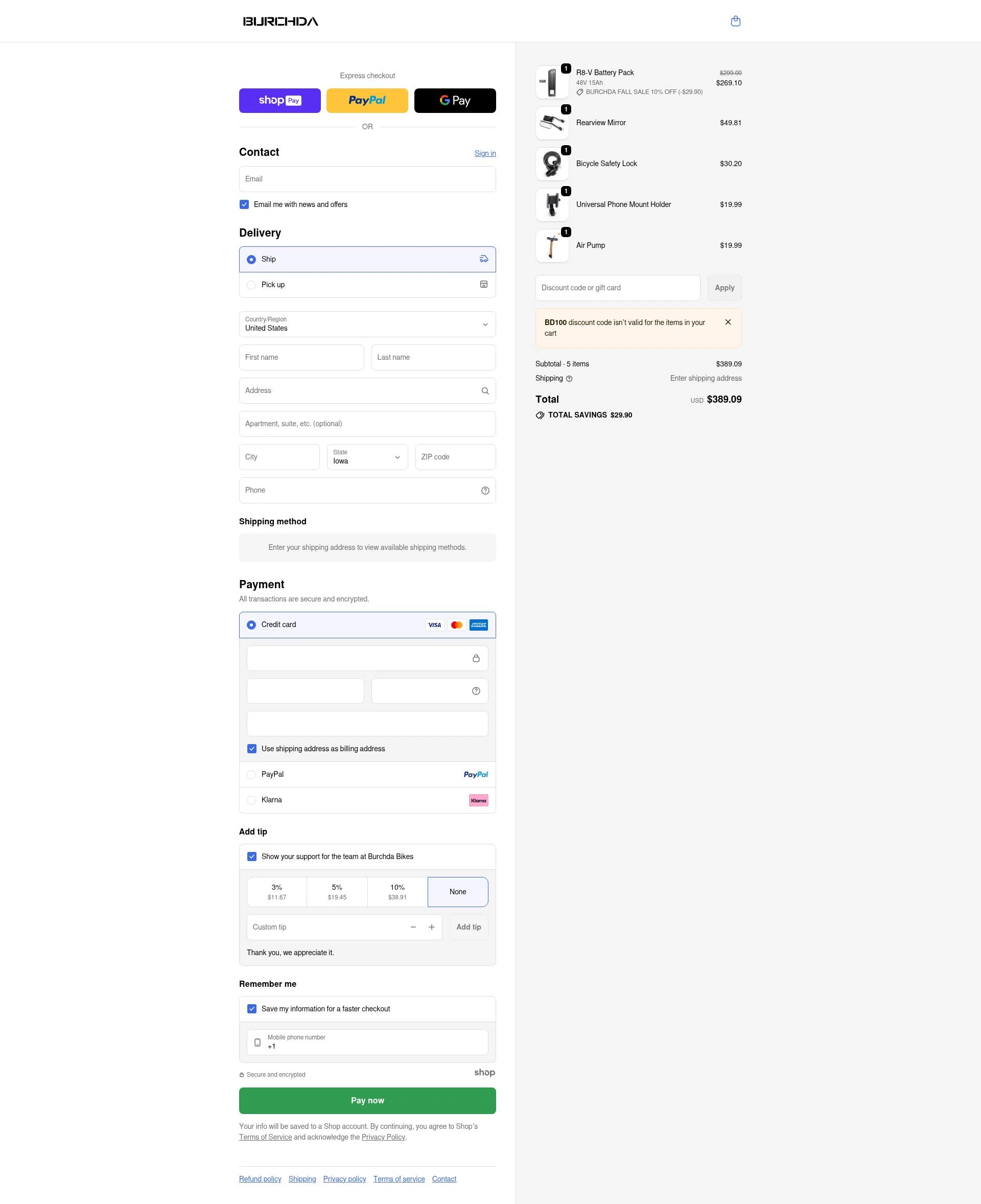 Burchda Bikes checkout page showing Burchda Bikes promo code box | Screenshot taken by SimplyCodes community member on Jan 7, 2026