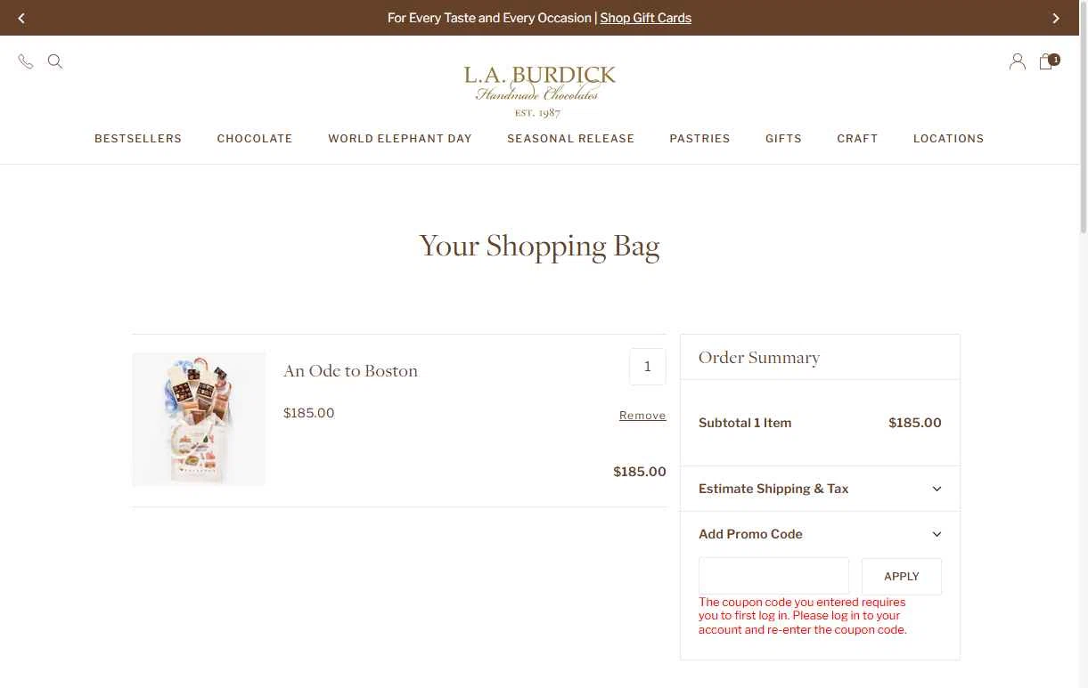 Burdick Chocolate checkout page showing Burdick Chocolate promo code box | Screenshot taken by SimplyCodes community member on Jul 26, 2025