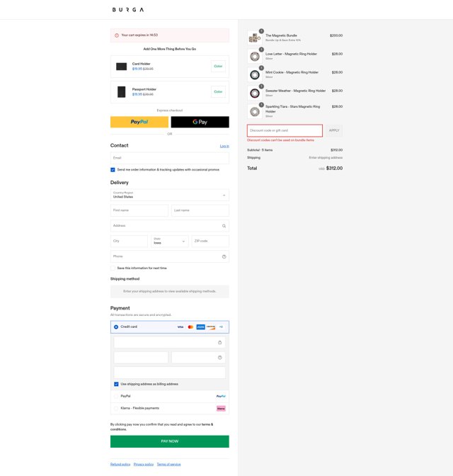 BURGA checkout page showing BURGA discount code box | Screenshot taken by SimplyCodes community member on Aug 25, 2025