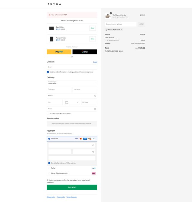 BURGA checkout page showing BURGA discount code box | Screenshot taken by SimplyCodes community member on Sep 2, 2025