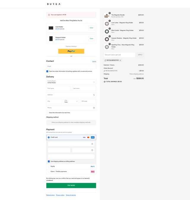 BURGA checkout page showing BURGA discount code box | Screenshot taken by SimplyCodes community member on Aug 16, 2025
