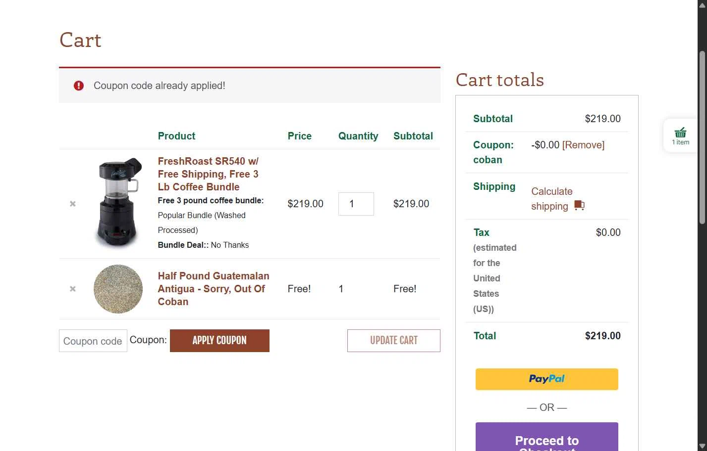 Burman Coffee checkout page showing Burman Coffee coupon code box | Screenshot taken by SimplyCodes community member on Jan 29, 2026