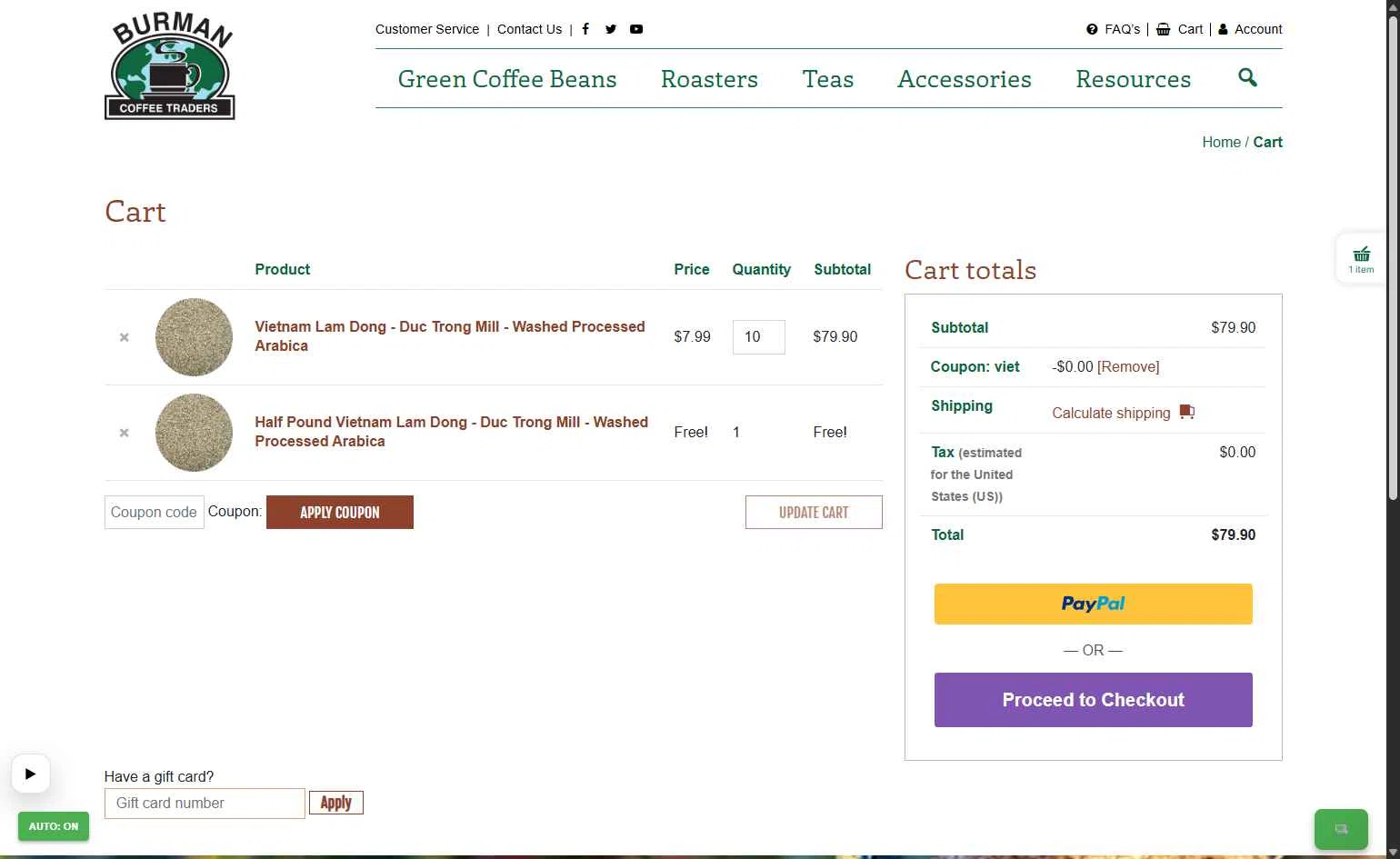 Burman Coffee checkout page showing Burman Coffee coupon code box | Screenshot taken by SimplyCodes community member on Jan 18, 2026