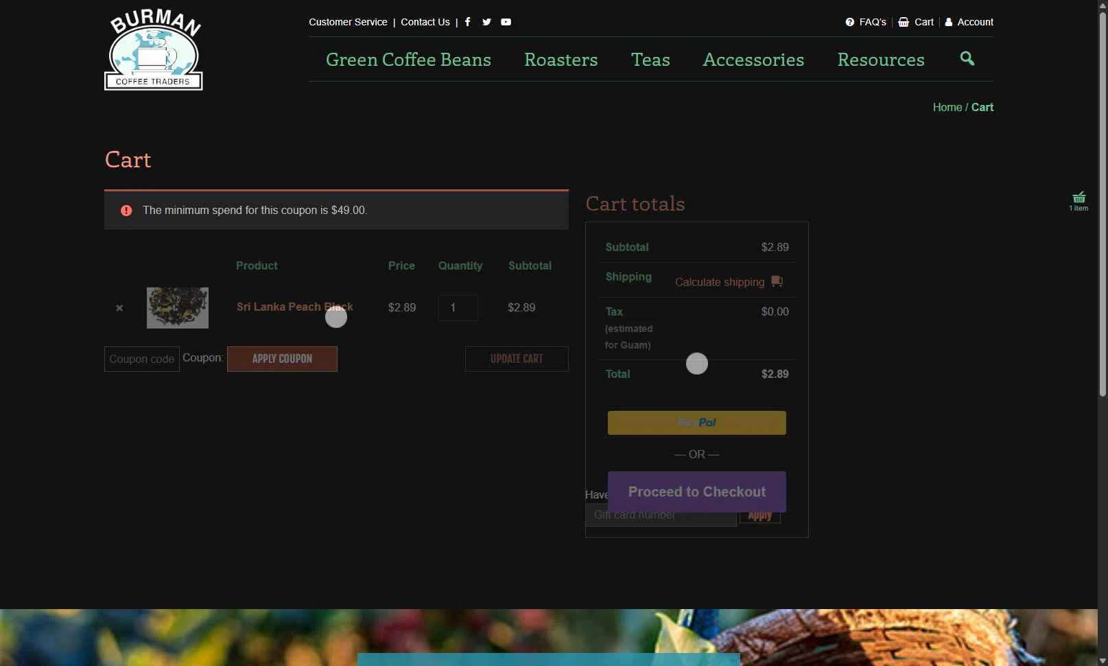 Burman Coffee checkout page showing Burman Coffee coupon code box | Screenshot taken by SimplyCodes community member on Jan 18, 2026