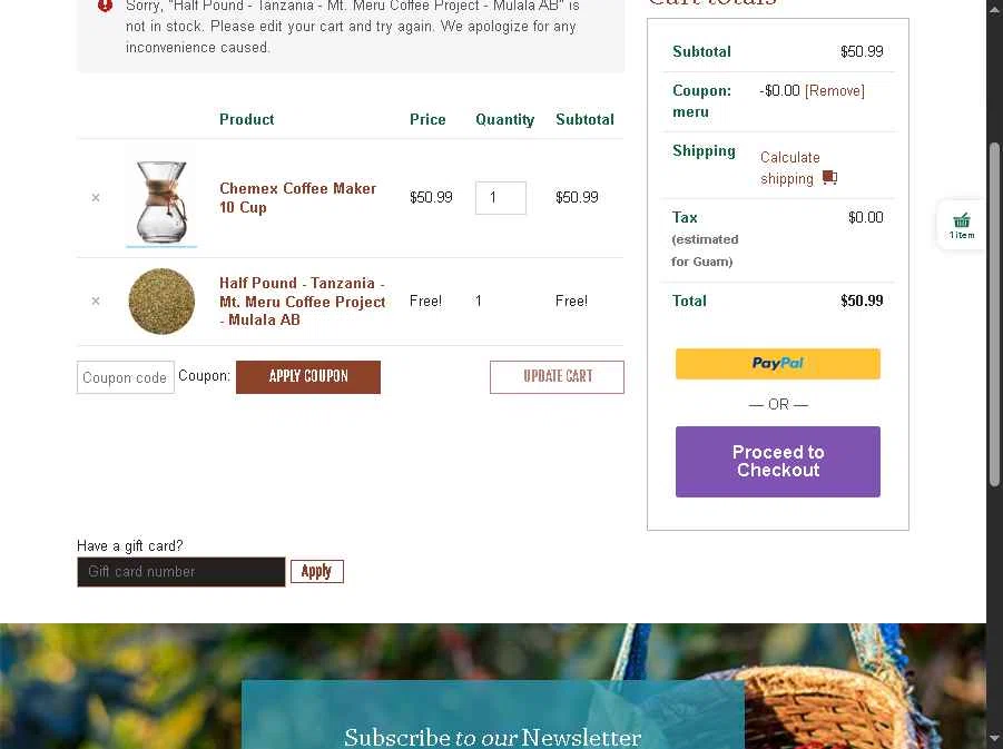 Burman Coffee checkout page showing Burman Coffee coupon code box | Screenshot taken by SimplyCodes community member on Jan 10, 2026