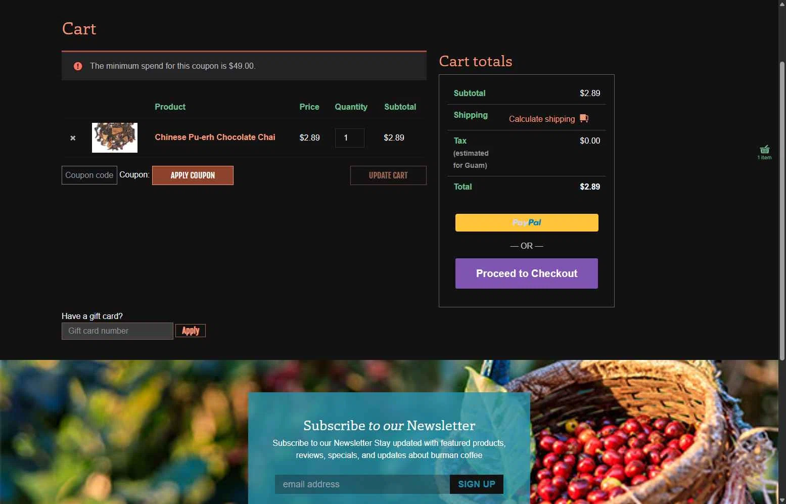 Burman Coffee checkout page showing Burman Coffee coupon code box | Screenshot taken by SimplyCodes community member on Jan 18, 2026