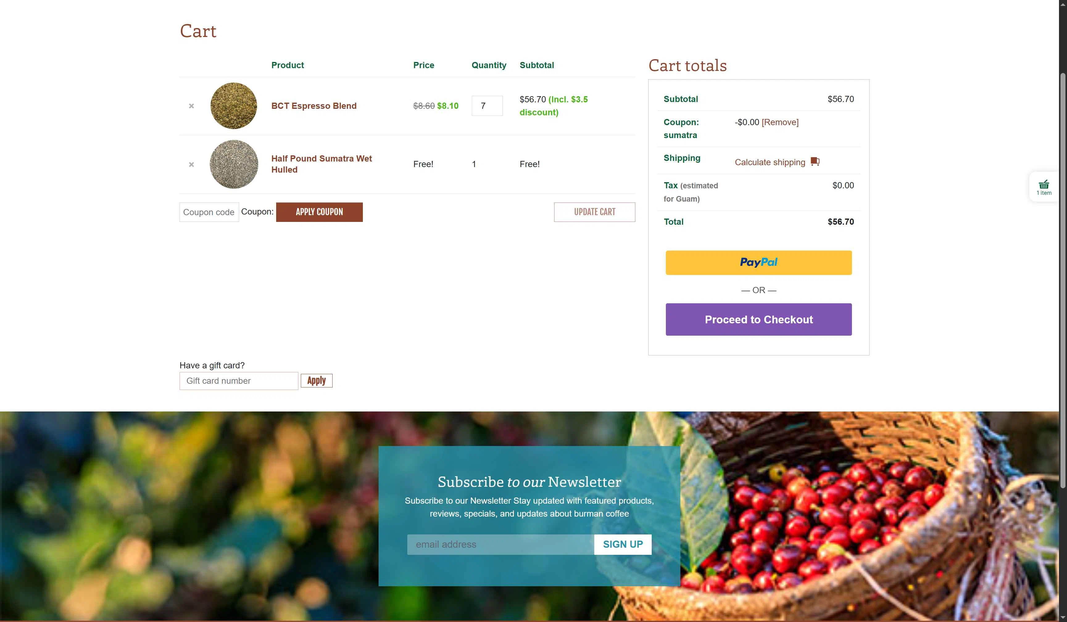 Burman Coffee checkout page showing Burman Coffee coupon code box | Screenshot taken by SimplyCodes community member on Jan 18, 2026