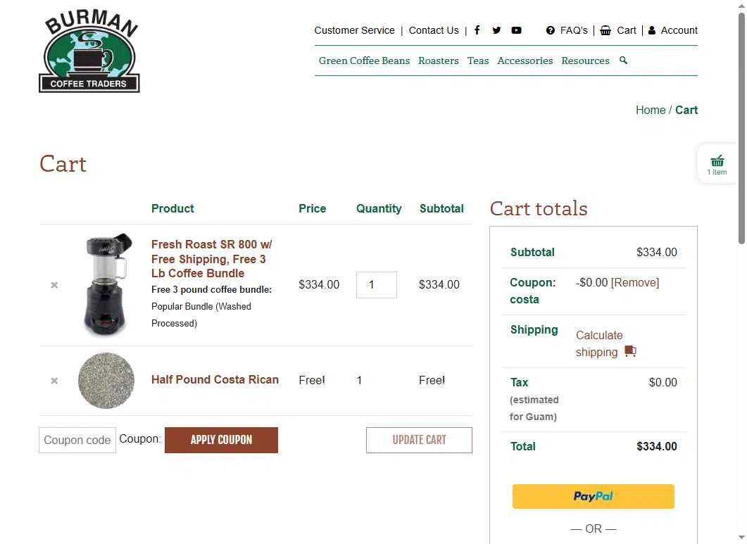 Burman Coffee checkout page showing Burman Coffee coupon code box | Screenshot taken by SimplyCodes community member on Jan 10, 2026