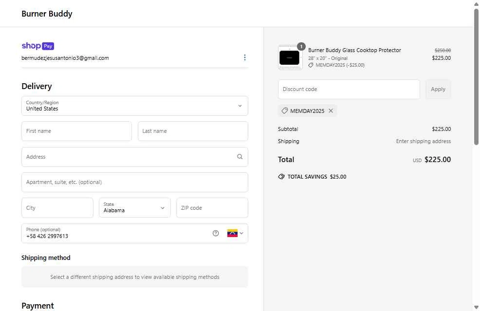 Burner Buddy checkout page showing Burner Buddy promo code box | Screenshot taken by SimplyCodes community member on May 26, 2025
