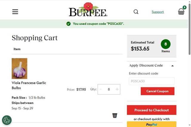 Burpee checkout page showing Burpee discount code box | Screenshot taken by SimplyCodes community member on Sep 6, 2025